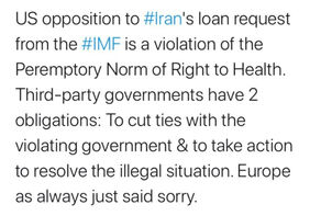 the Secretary of the Supreme National Security Council of Iran reacted to US opposition to Iran's loan request: